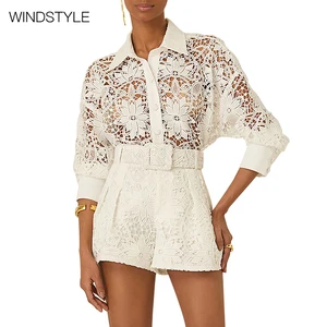 OEM/ODM Women's Fashion Embroidered Floral Lace Formal Above Knee Shorts with Sexy Hollow Flower Shirt Woven Top and Lapel