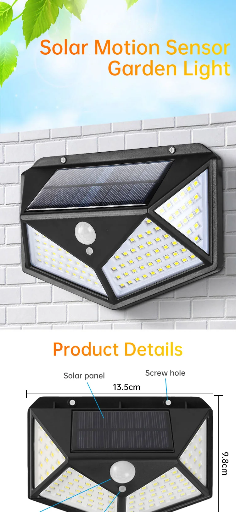 High Quality Cheap Price Outdoor Solar Powered Garden Lamp 100 LED Waterproof Motion Sensor Solar Wall Garden Lights