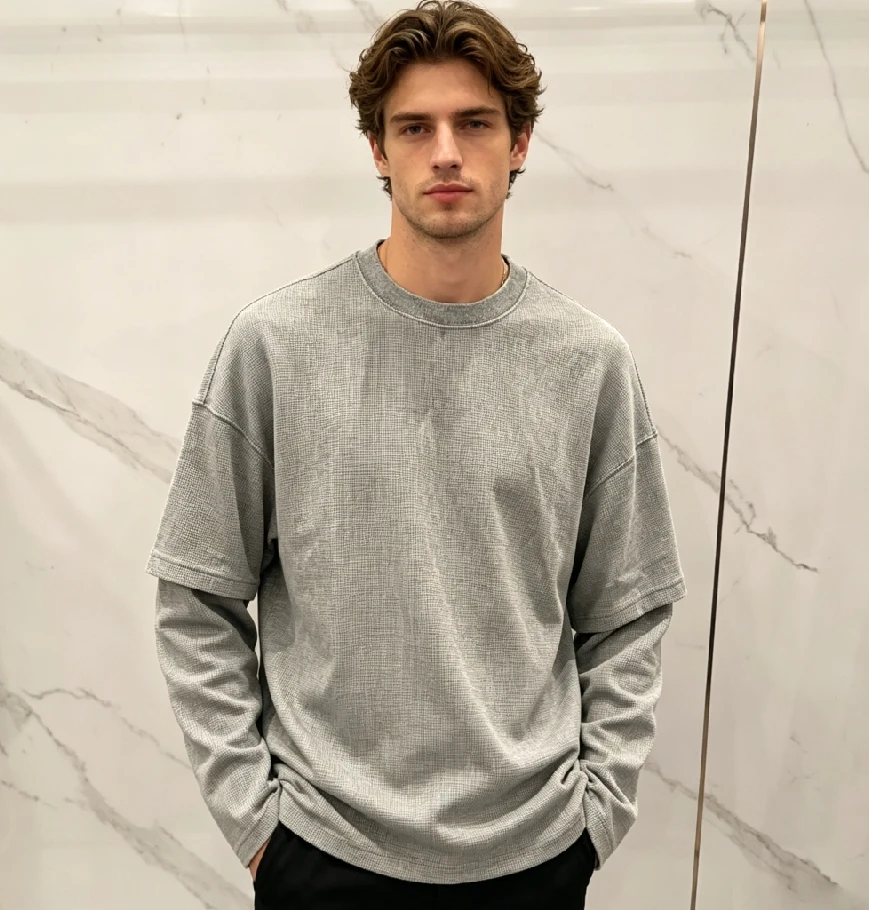 Custom Men Logo Neck Double Layer Long Sleeve Oversized Winter Men's T-shirt-Windproof & Eco-Friendly