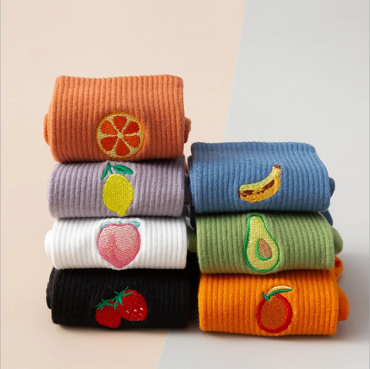 HF Fruit stockings female cute embroidery pile stockings spring and autumn seasons cotton socks