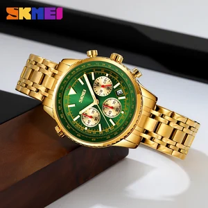 Men's Gold Quartz SKMEI 9333 Chronograph Stainless Steel Sport Watch 3BAR Water Resistant Auto Date Luxury Fashion Antique