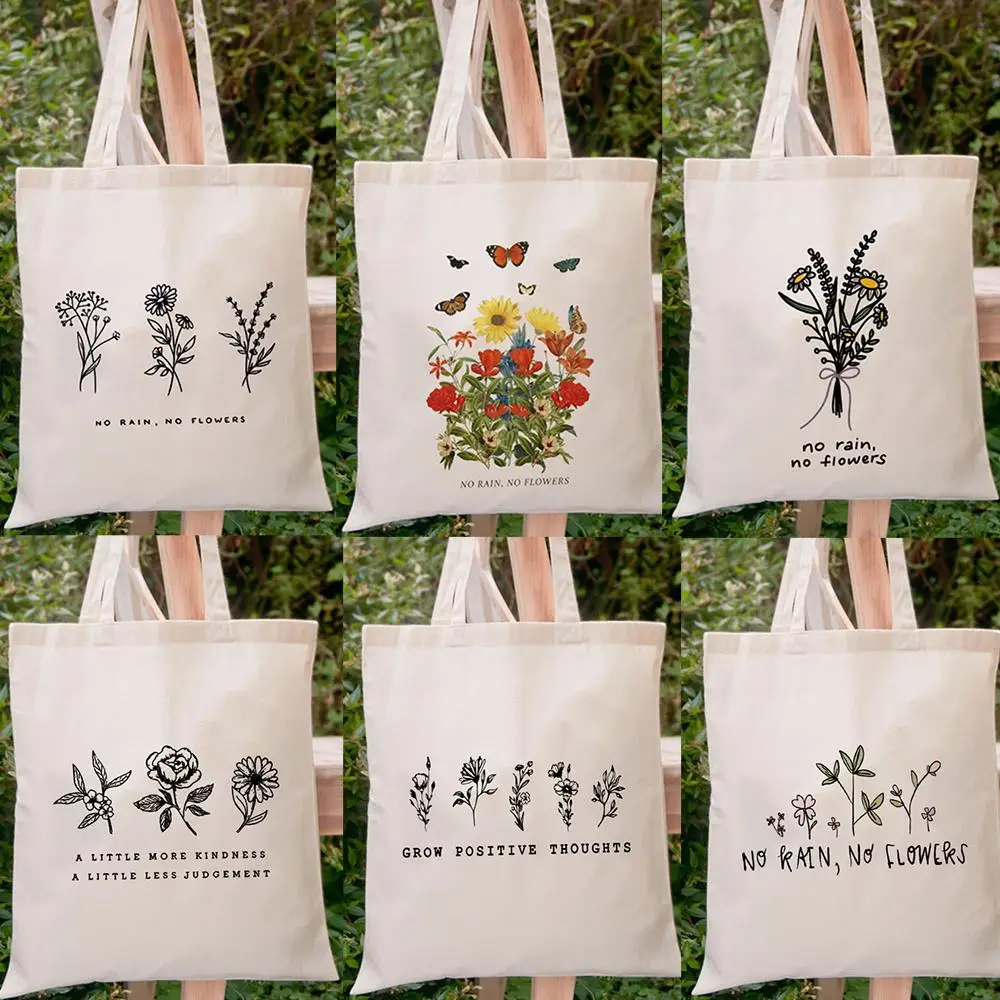 Plants Graphic Flower Floral Canvas Bag, Shopping Bag Large