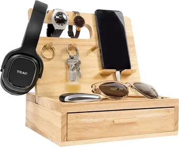 Organisateur De Chevet En Bois Avec Chargeur De Téléphone - Tiroir De Rangement, Design élégant Pour Table De Nuit - 6