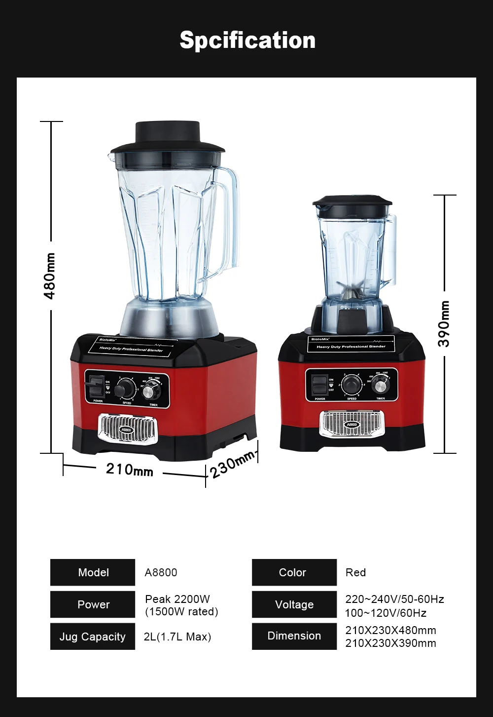 2L Electric Smoothie Blender With Cup Commercial Tabletop Mixer 2200W  220/240V