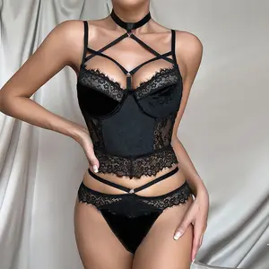 Hot Women's ODM Black Nero Lace Mesh Sex Bandage Bra See Through Underwear Panties Set Sexy Woman's Lingerie