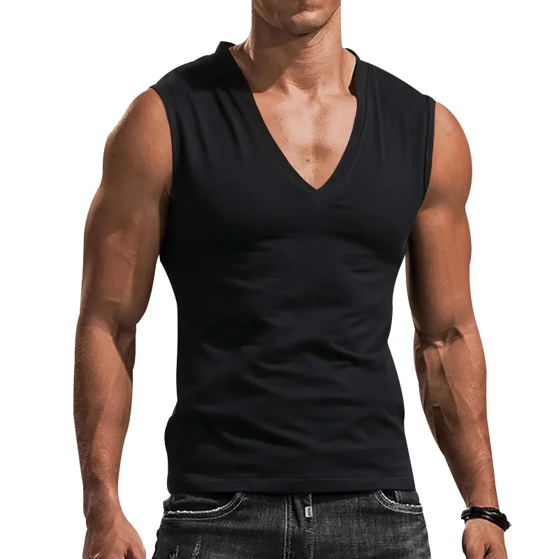Men's Solid Color V Neck Vest Casual Breathable Sleeveless T-Shirt Vest956_voghion.com