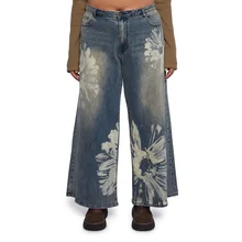 Custom Vintage Plus Size Denim Women's Jean Casual Design Wide leg Jeans Women's Pants Flower Print Baggy Jeans Women