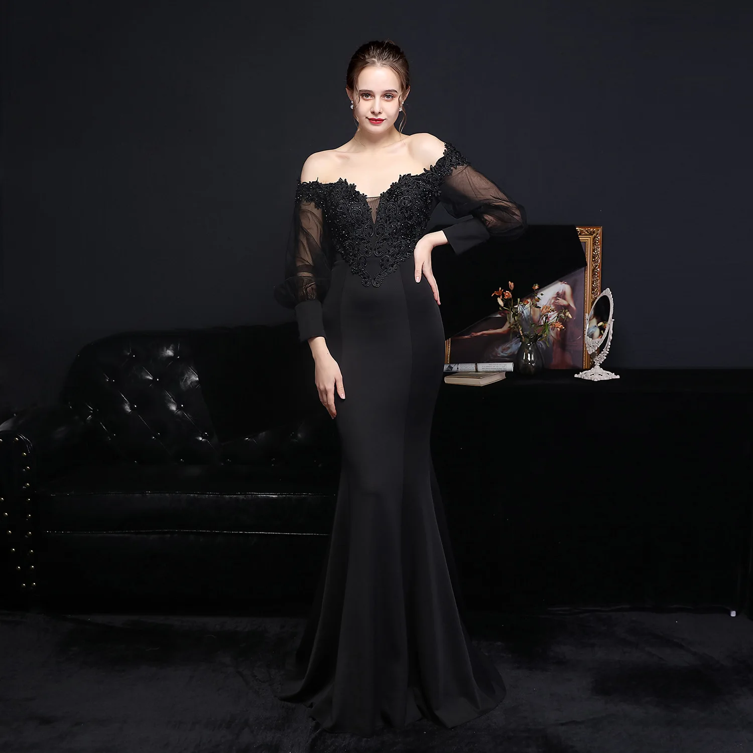chinese dress ladies Rhinestones Purple Spandex Knit Feathers Long Train Mermaid Prom Dress main image 1