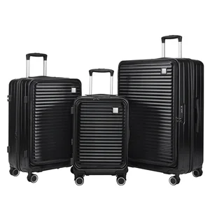 Wholesale Black 3 Piece Trolley Luggage Set 20 24 28 Inch 4 Wheels Large Size Front Open Suitcase Luggage