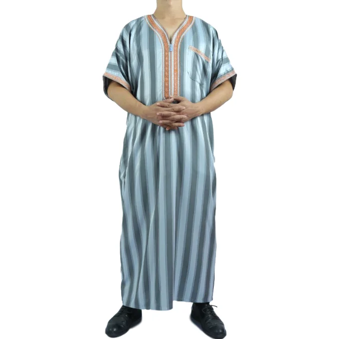 2024 Moroccan Style Men's Delicate Embroidered Caftan Stripe Pattern Short Sleeve Men Thobe Africa Clothing  Islamic Robe