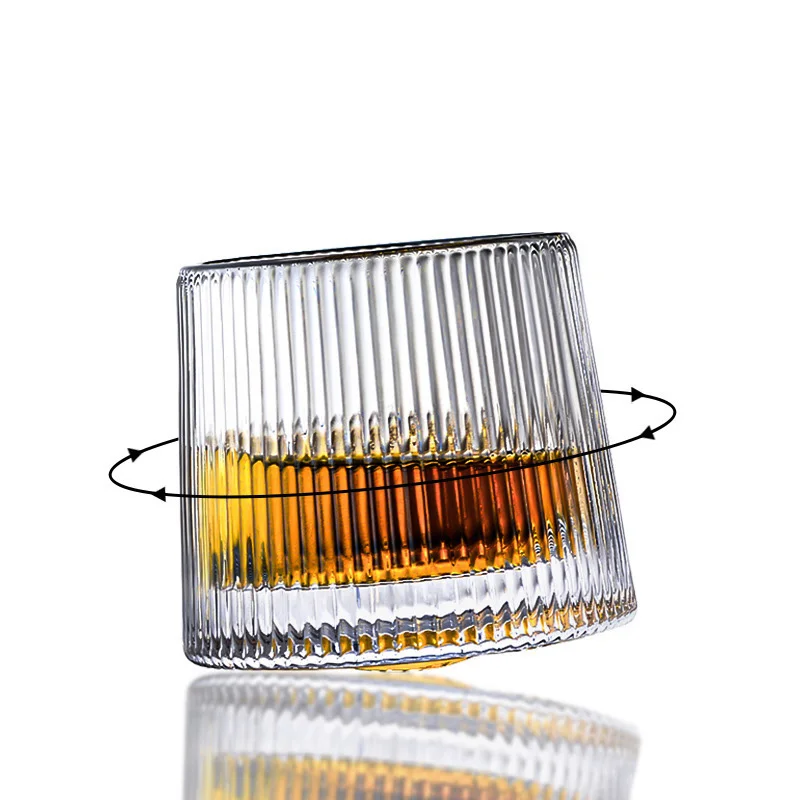 Nordic Design Embossed Transparent Crystal Luxury Rotating Glass Cup  Whiskey Cups with Walnut Ebony Stand for Wine Serving