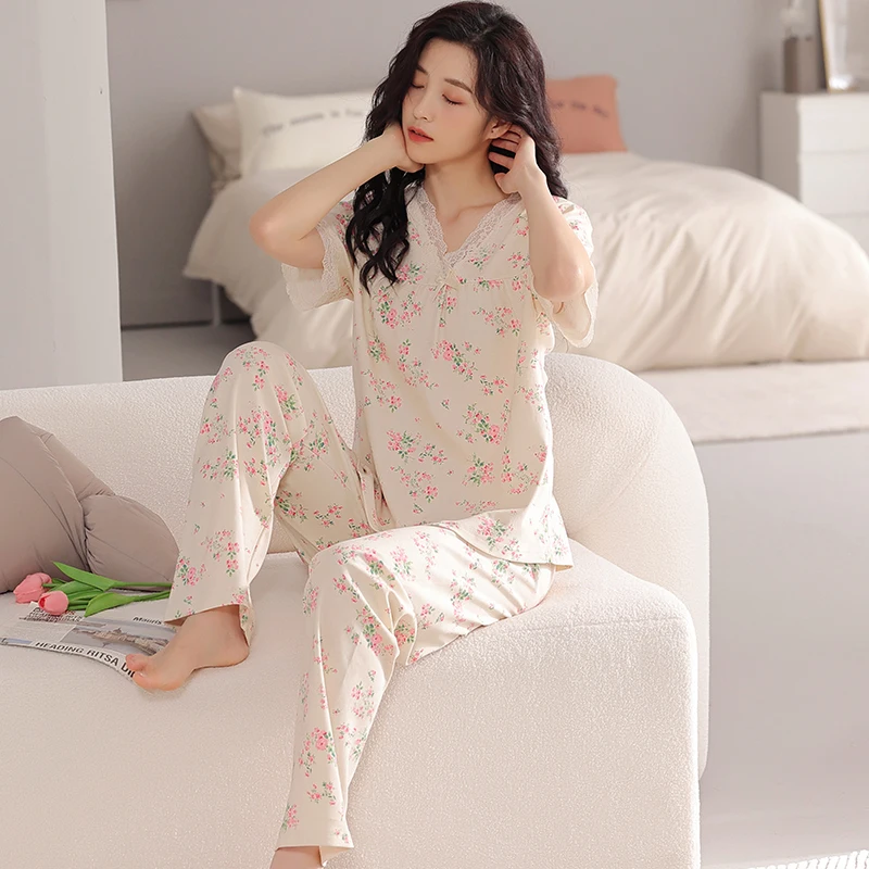 Nightgown Pyjamas Short Sleeve Cotton Pijamas Mujer Nightgowns Calf