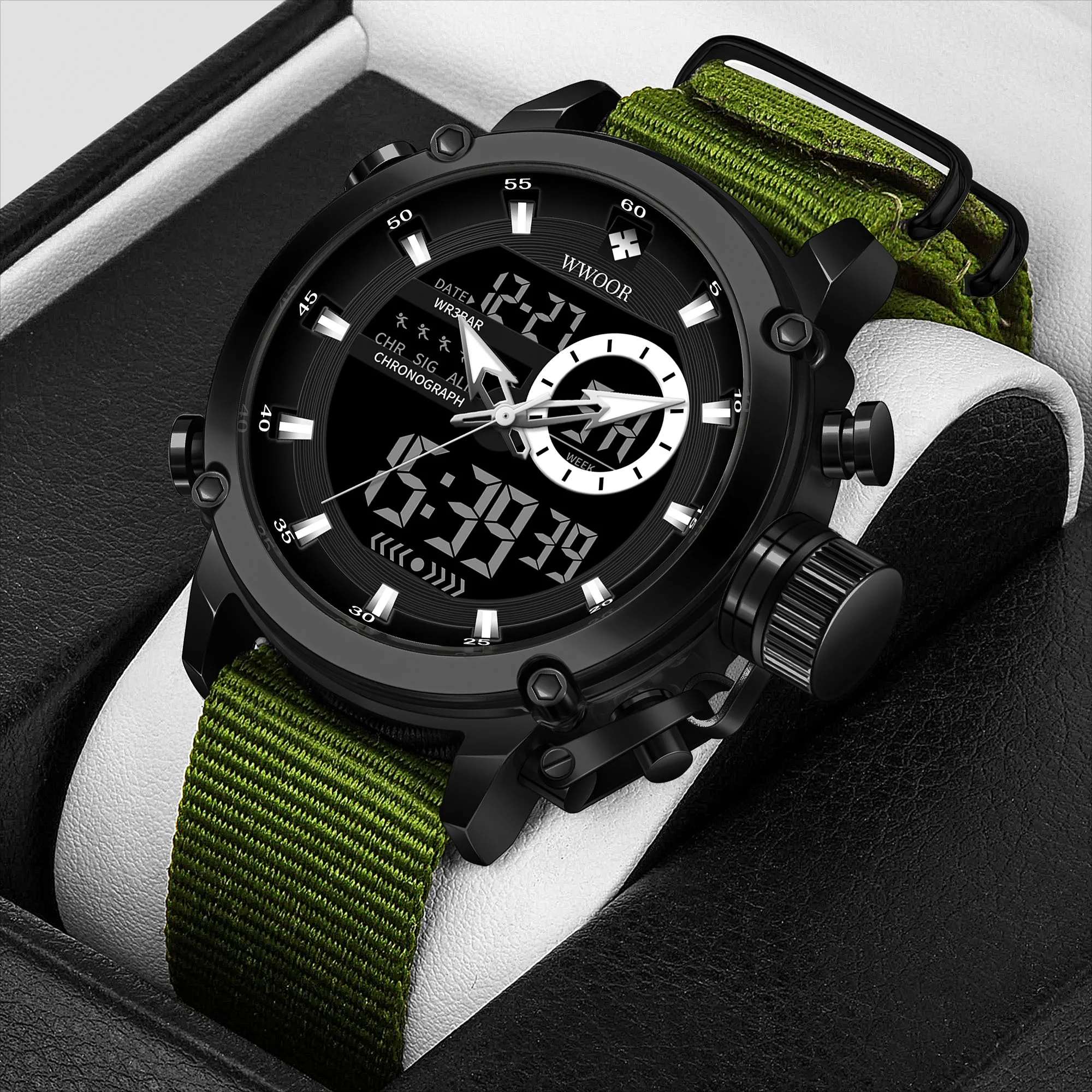 WWOOR 8882 Business Double Movement Men Dual Display Watches Band Wrist Watch Digital Watches Waterproof Alarm Chronograph Nylon