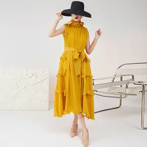 2025 High Collar Western Style Sleeveless Dress Irregular Flower Bud Tie Waist Pleated Design Plus Size One Size