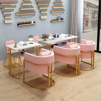 modern luxury pink and gold nail table and chairs set nail salon furniture  marble manicure nails desk