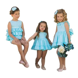 2026 Blue Cotton Knee-Length Dress for Girls O-Neck Bow Ruffle Sleeveless for Ages 3 6 8 Years for Summer