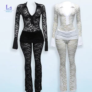 Huili Manufacturer Custom Floral Sheer Mesh Lapel Black V Neck Bodysuit 2025 Women's Outfit Sets Long Sleeve Lace Loungewear