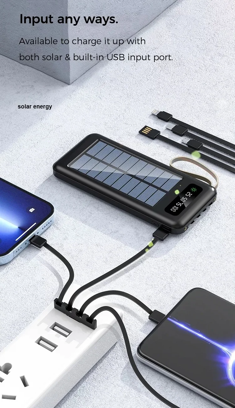 Factory Real Capacity Solar Power Bank Multi-functional Detachable 4 Cables Large Capacity 10000mAh Mobile Power Supply