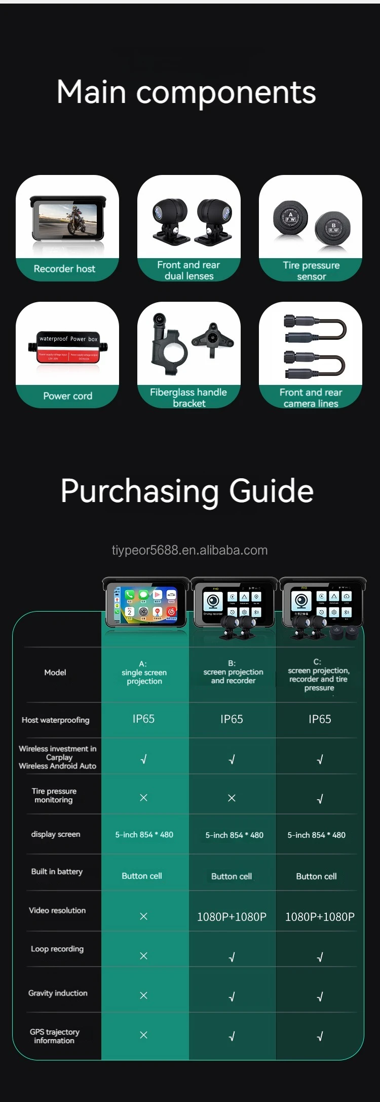 product tiypeor 5 inch motorcycle carplay dvr dual lens recording navigation waterproof display screen portable wireless android auto-11