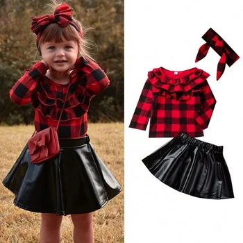 2020 Fall/Winter Little Girls Clothing Sets Fashion Kids Long sleeves Plaid shirt+Leather skirt+Headband 3Pcs Baby girl Outfit