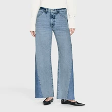 Custom Cotton Oversized Women's Jeans Color Block Distressed Raw Hem Denim Pants Loose Wide Leg Vintage Washed Denim Jean