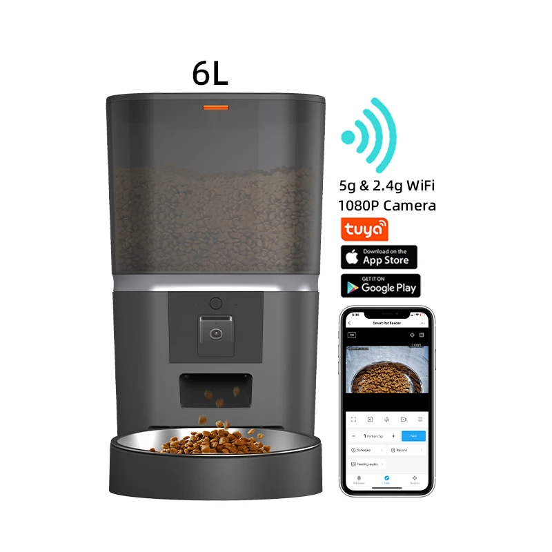 1080P Automatic Cat Feeder with Camera 6L App Control Smart Feeder Cat Dog Food Dispenser with Stainless Steel Bowl