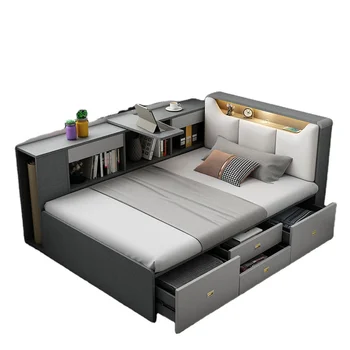 Modern Space Saving Wood Teak Panel Furniture Bedroom Functional Single Double Storage Children's Faux Leather Twin Beds