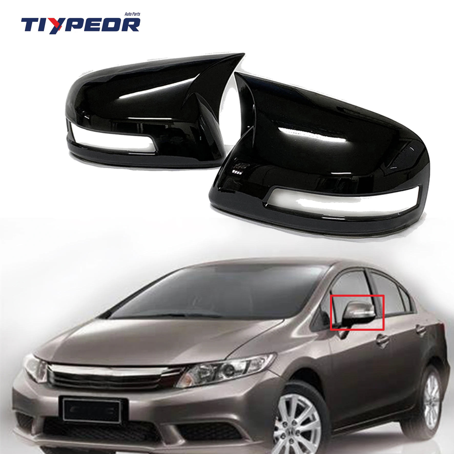 product abs stick on gloss black look rear view mirror covers with light gap for honda civic 9th 2012   2015 2013 2014 auto body kits-4