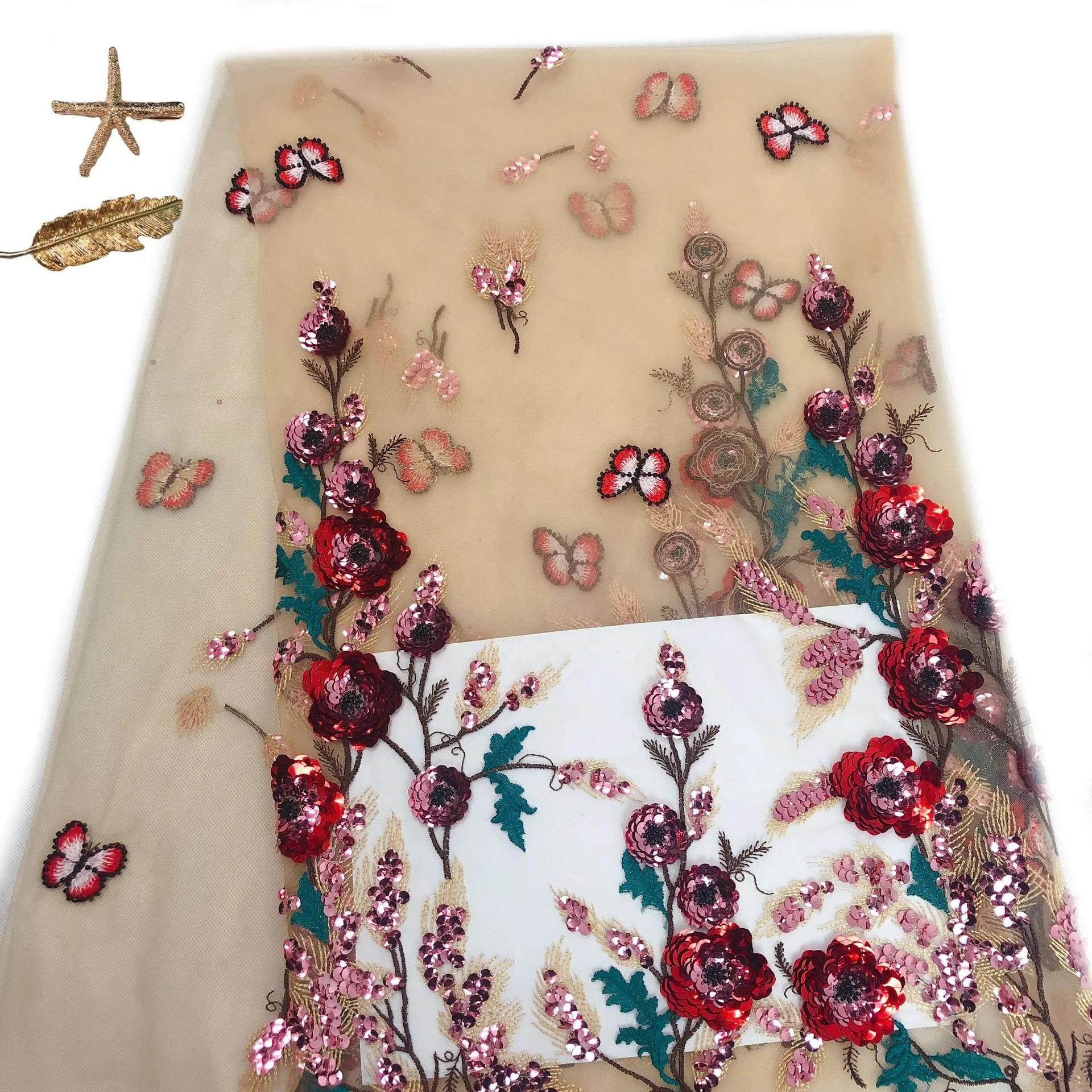 New Style Fabric Multi Color Embroidery 3D Sequin Lace Tulle Fabric Big  Flower Embroidered Design for Dress