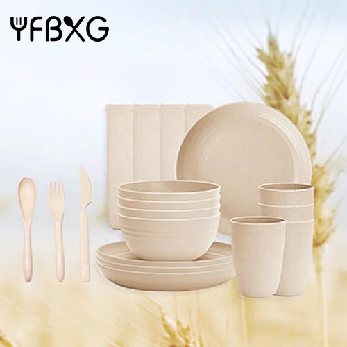Lightweight Wheat Straw Dinnerware Sets Unbreakable Plates Cutlery Sets Wheat Straw Tableware Set