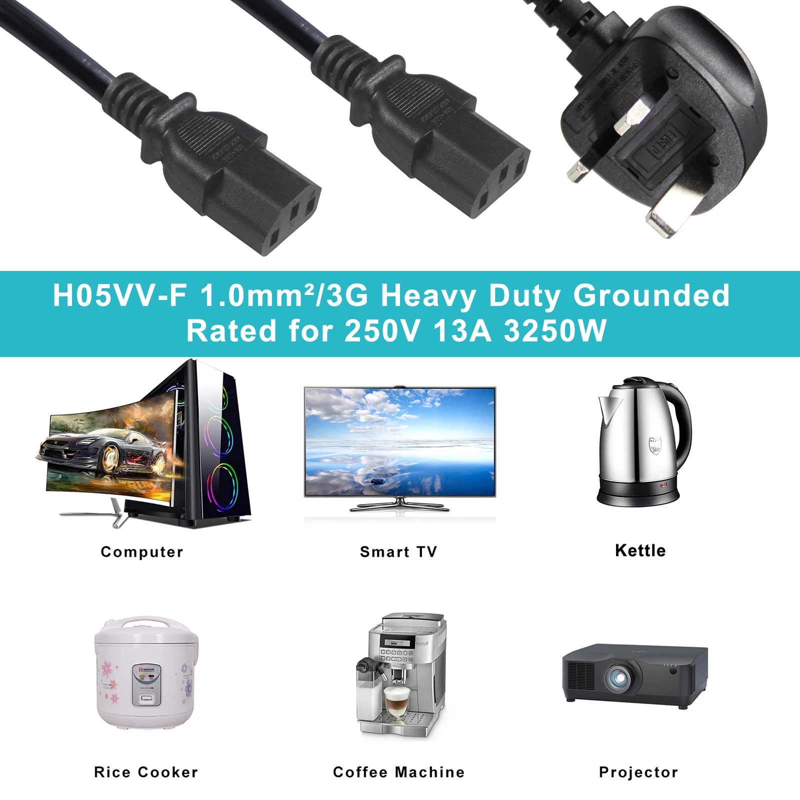 3 Pin Plug H05 H03 Pure Copper BS AC Cables 250V 13A 2 X IEC C13 Double Kettle Leads 2 Gang Extension Power Cord for Laptop