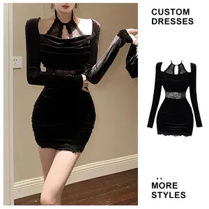 Custom Wholesale Women's Elegant Casual Dress Velvet Stitching Lace Hollow Hanging Neck Long Sleeve Tight Drawstring Short Dress