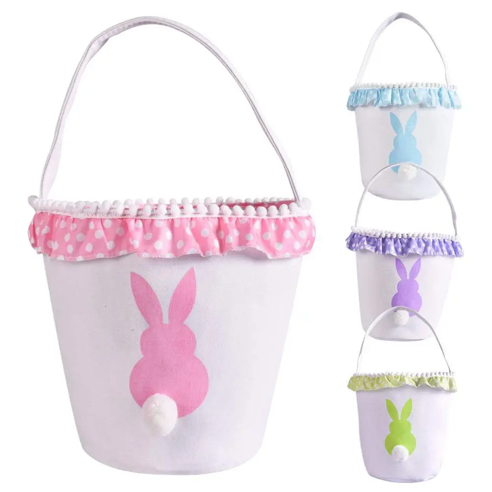 Пасхальная детская корзина для конфет в горошек с кружевом и милым кроличьим