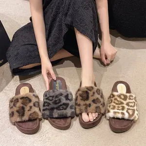 Wholesale Plush Lady 5cm Platform Leopard Designer Slides Plush Thick Sole Custom Logo Women Warm Fur Slippers