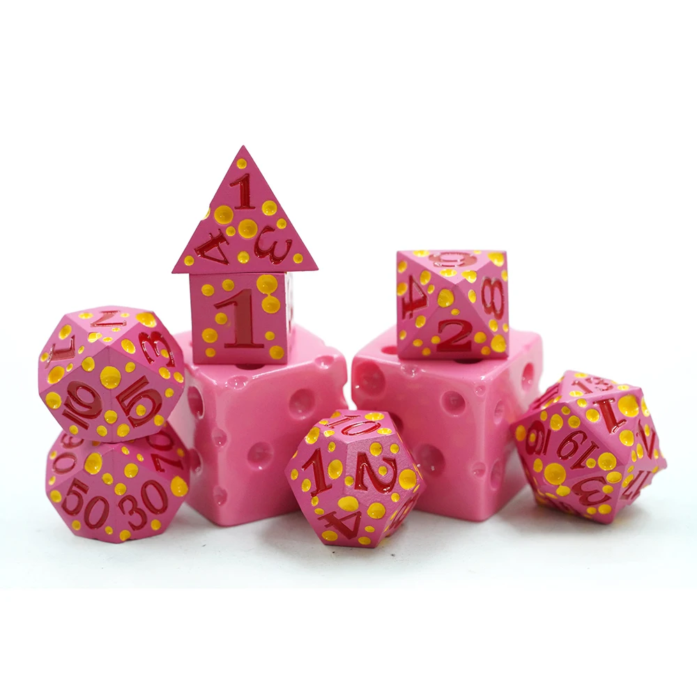 Egendesignet Zinklegerings Polyeder Metallterninger D&d Rpg Miniature Spillspill Rosa Osteterninger D4 D20 Terningsett til Brettspill