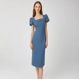Custom Square Neck Puff Sleeve Midi Dress, Women's Elegant Solid Color Party Dress