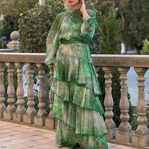 ZYHT 70111 Vintage Boho Chic Long Sleeve Blouse Ruffle Tiered Maxi Dress Tie Dye Print Classy Chiffon Bohemian Dresses for Women