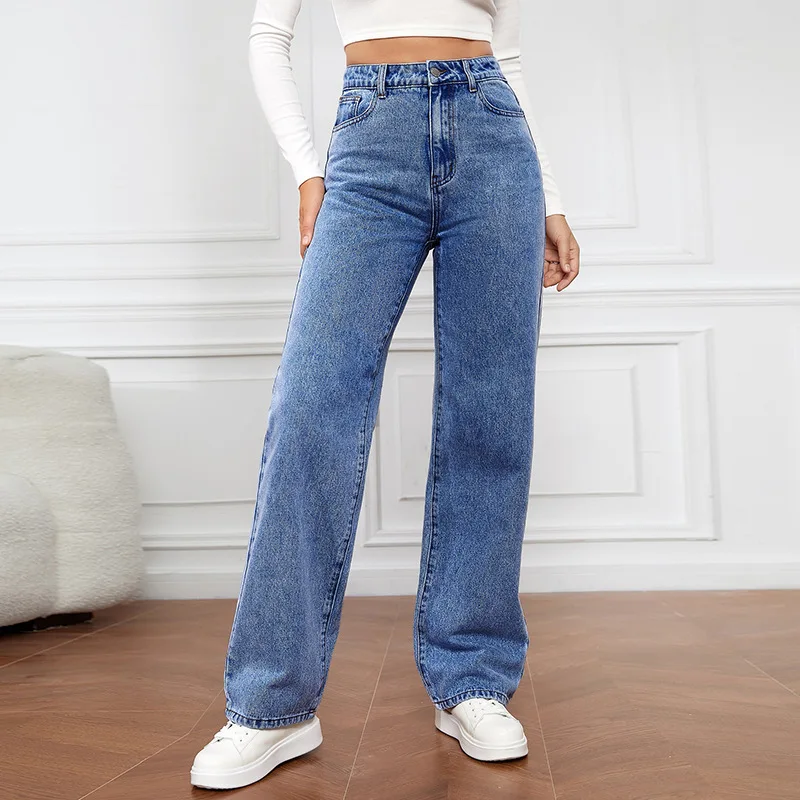 Women Jeans Straight Leg High Waist Blue Washed Cowboy Denim Pants Vintage 90's Streetwear Jeans