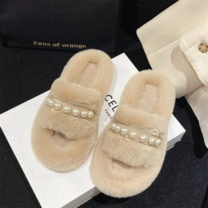 High Quality Fashion Style Stock Slippers Faux Fur Lady Women Pearl ...