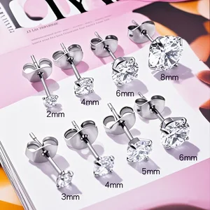 New Butterfly Clasp Four Prong Zircon Stud Earrings Trendy Stainless Steel Jewelry