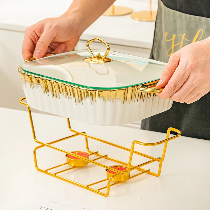 SYL Luxury  New Rectangular Gold Edge Ceramic Bakeware Casserole Ceramic Pot with Glass Lid Griddles Grill Pans Baking Tray