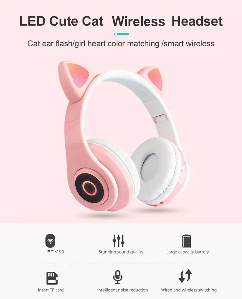Dropshipping Products 2021 New Gaming Waterproof Sport Stereo Computer Phone Music Children Cute Cat Ears Headset Wireless Headphones - ANKUX.COM