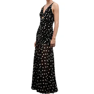 ODM Style Thin Cross-back Straps Party Long Dress Sexy Sleeveless Polka Dots Printed Draped Slim Maxi Dress for Women