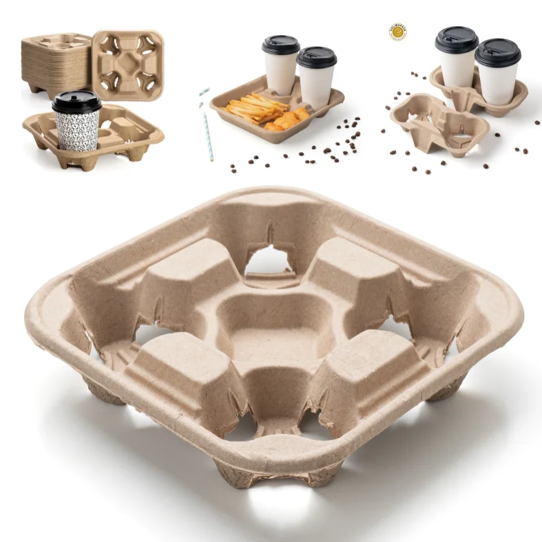 Biodegradable Take-out Pulp Fiber Cup Carrier 4 Cup Holder Tray To Go Holder Takeaway Coffee Cup Holder Recyclable