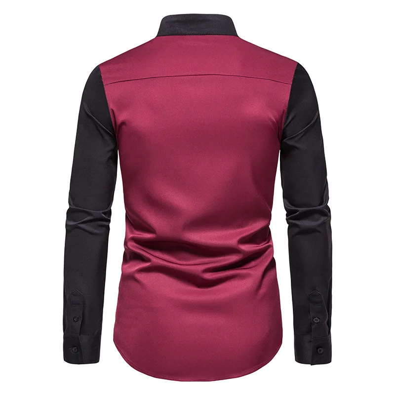 Youth Diagonal Button Irregular Color Contrast Henley Collar Long-sleeved Casual Shirt Large Size Casual Men's Shirts