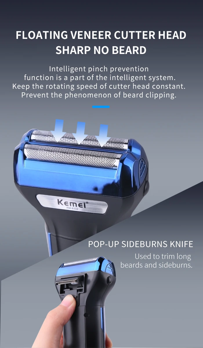 Net Pilot Light Nose Hair Device Barber Scissors Razor Kemei km-6332 3-In-1 Head Razor Floating Double Blade Shaver