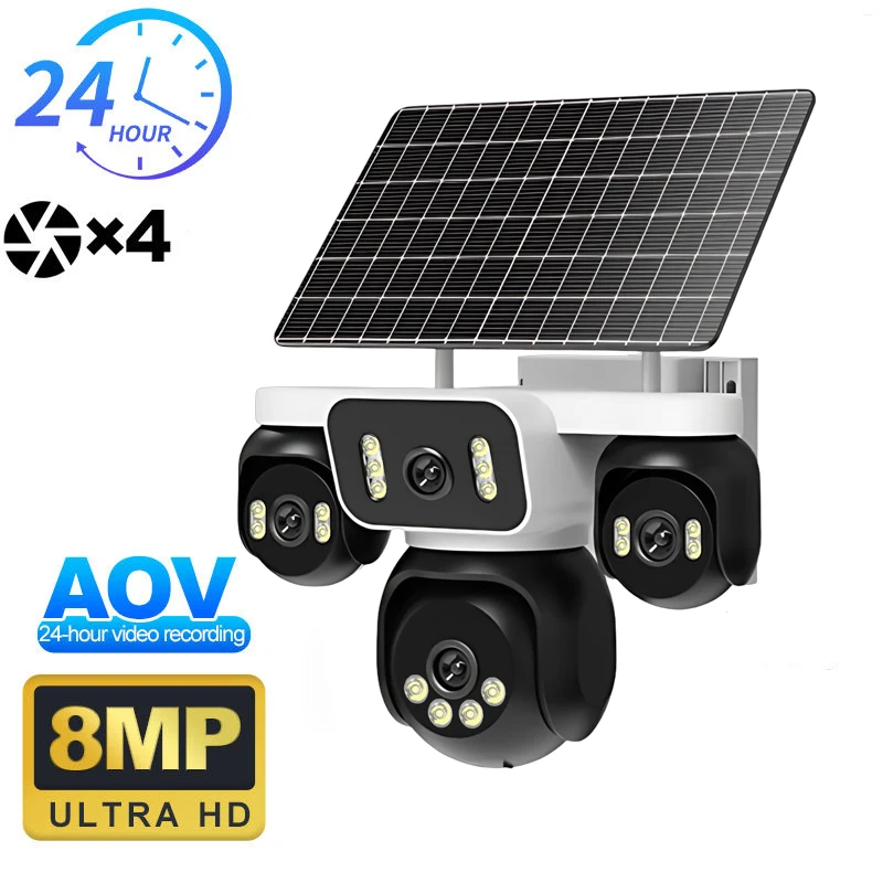 FOSVISION HiEasy 8MP AOV 4G Solar Camera Security System 4-lens Camera Outdoor Wireless CCTV PTZ IP Color Night Vision