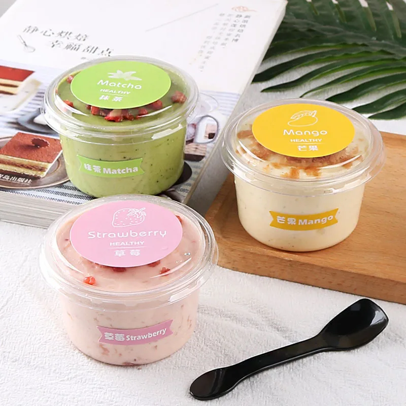 Ice Cream Yogurt Mousse Cup Jelly Pudding Custard Cake Baked Goods Grade Blister PET Dessert Packaging Round Cup with Spoon