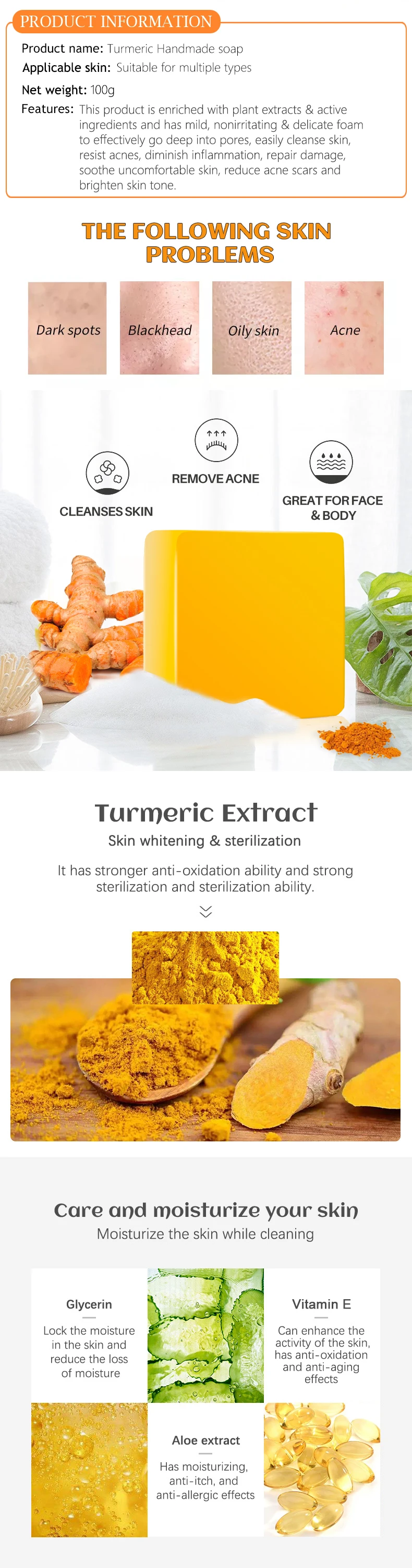 Guanjing OEM Wholesale Organic Whitening Anti-acne Turmeric Handmade Bath Facial Soap 100g