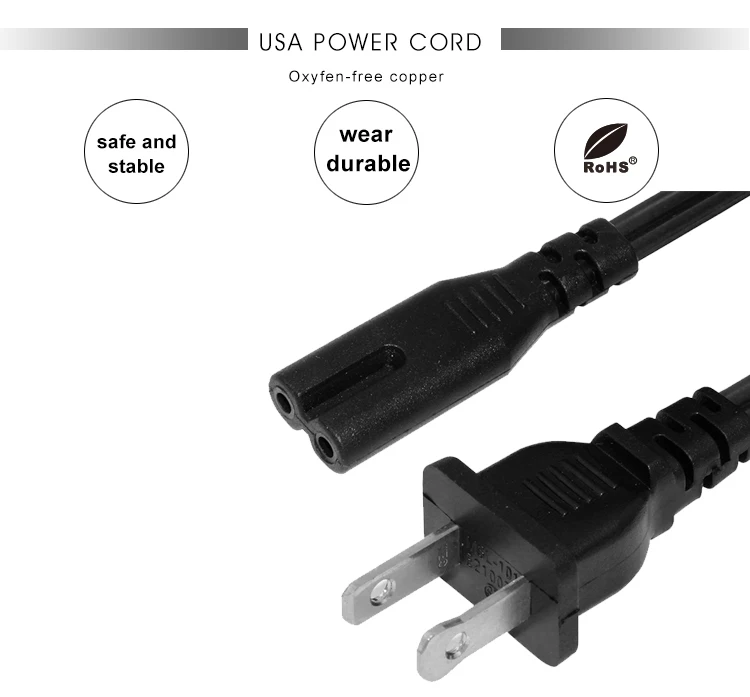 Polarized 110V US Male Connector 2 Pin Ac Plug for Flat Iron Cable & Power Cord for Home Appliance IP11 Level Compatible IEC C7